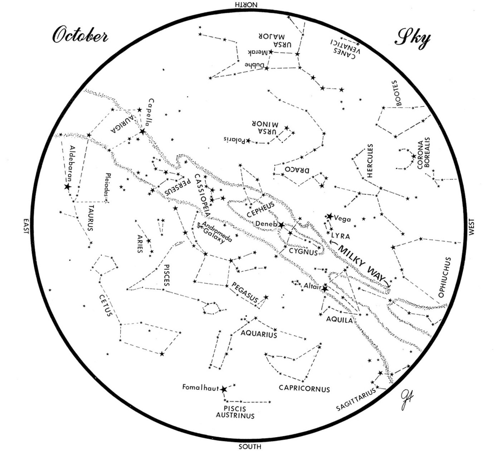 SKY GUIDE: This chart represents the sky as it appears over Maine during October. The stars are shown as they appear at 10:30 p.m. early in the month, at 9:30 p.m. at midmonth and at 8:30 p.m. at month’s end. No planets are visible at chart time. To use the map, hold it vertically and turn it so that direction you are facing is at the bottom.