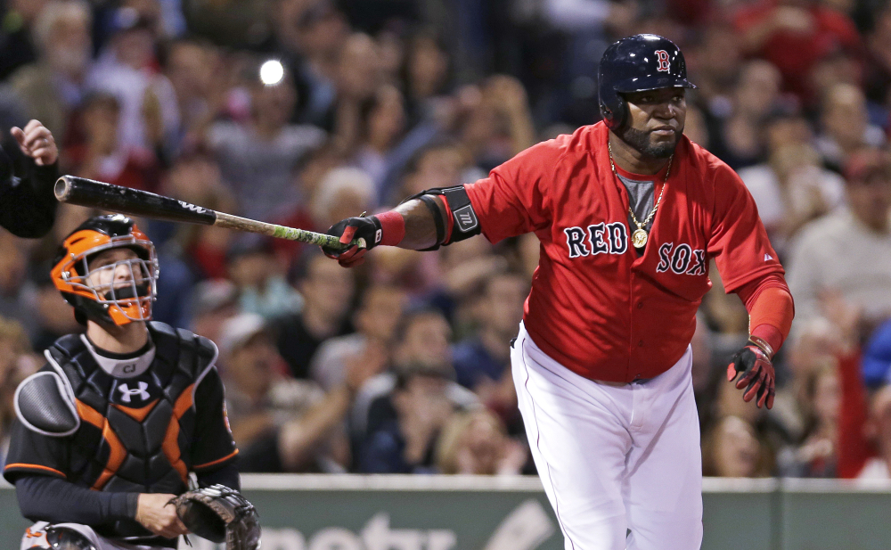 David Ortiz watches his two-run double in the sixth inning. Ortiz had three doubles in the game.