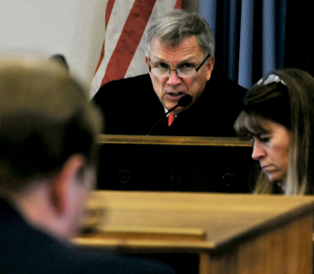 Justice Robert Mullen explains his criteria during sentencing of defendant Andrew Maderios in Somerset County Superior Court in Skowhegan on Monday.