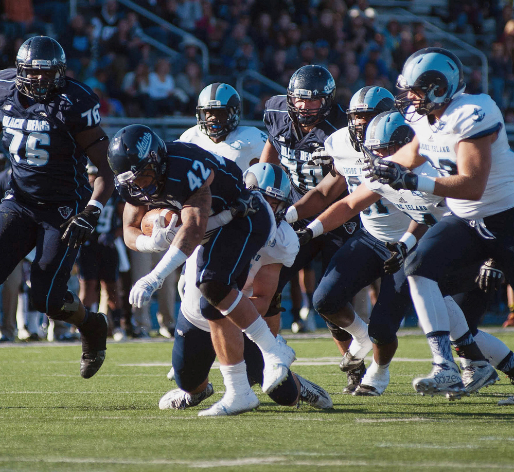 Maine player Darian Davis-Ray (42) strains out a few more yards on a carry  in the first half against Rhode Island in Orono on Saturday.
Michael C. York/Special to the Press Herald