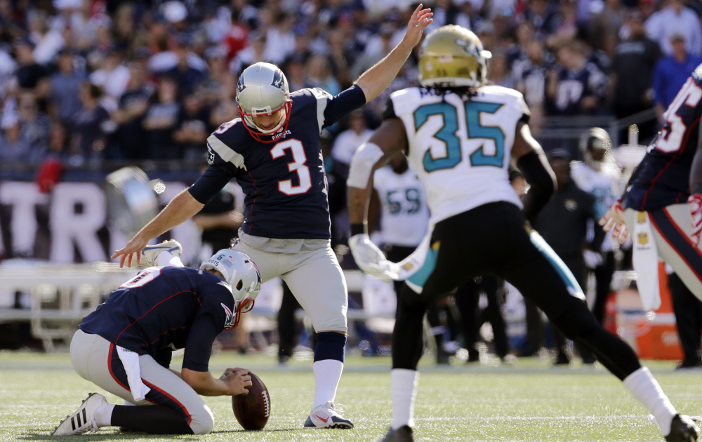 Stephen Gostkowski (3) has spent 10 seasons making kicks for the New England Patriots. On Sunday, he made three field goals and kicked six extra points to set the NFL record for consecutive extra points made.