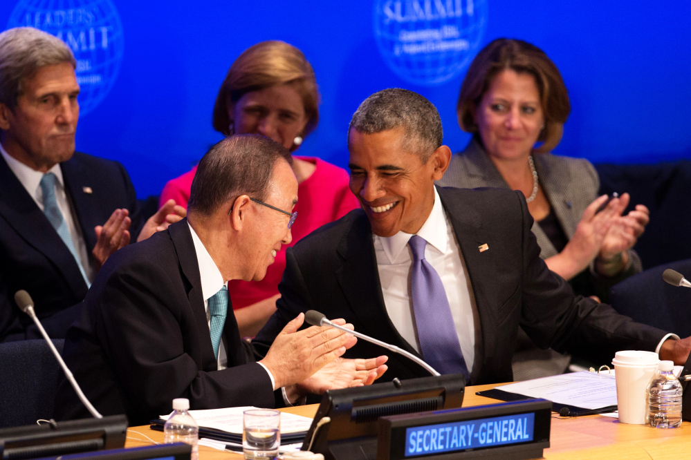 President Obama greets United Nations Secretary-General Ban Ki-moon during the summit on countering violent extremism at the United Nations headquarters Tuesday.