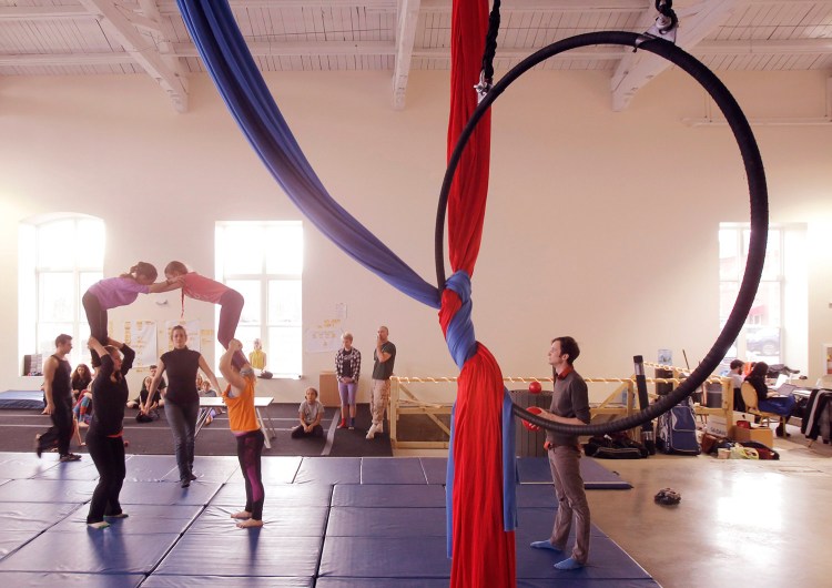 Performers with the Circus Conservatory of America rehearse for a show in April at the conservatory's home on Thompson's Point in Portland. The conservatory now plans to leave the leased space.
Gregory Rec/Staff Photographer