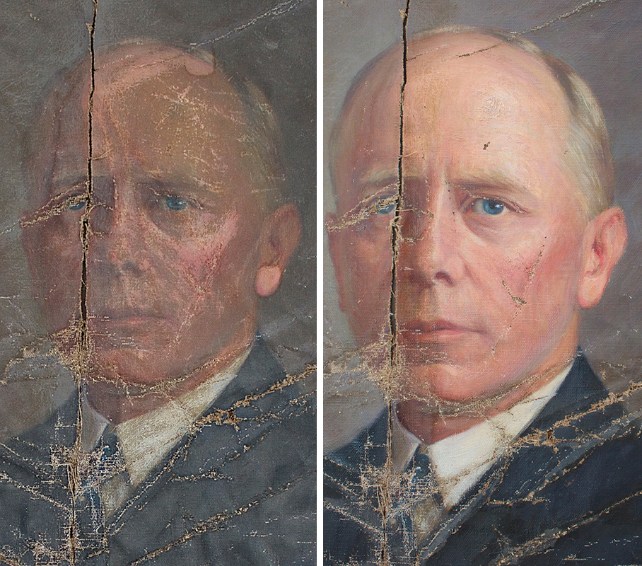 Before and after photos show that some restoration of the damaged portrait of Percival Baxter has taken place, but it will cost about $8,500 to complete the project.