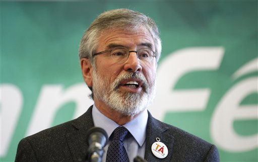 Gerry Adams speaks to party members and the media in Dungannon, Northern Ireland, in April. The Associated Press