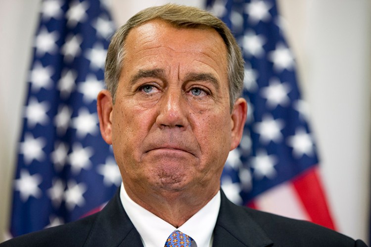 Speaker of the House John Boehner of Ohio, pauses while speaking about his opposition to the Iran deal during a news conference with members of the House Republican leadership on Capitol Hill in this Sept. 9, 2015, photo.