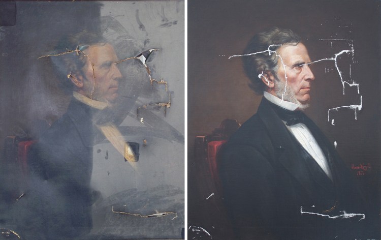 The partly restored portrait of William Pitt Fessenden, who was a member of Abraham Lincoln’s Cabinet, will require about $6,500 to complete.