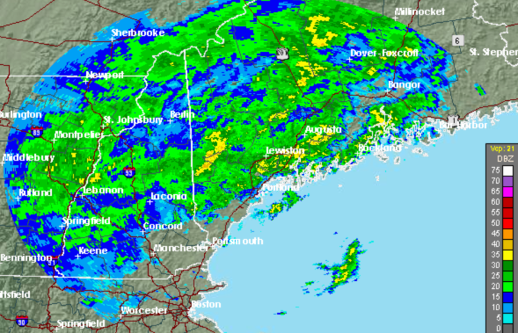 This screen grab of a National Weather Service radar map shows the weather system in Maine at 12:50 a.m. Wednesday. Green corresponds to lighter precipitation, yellow to moderate, orange to heavier and red to heaviest.