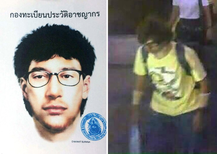 A sketch and closed circuit television image of the main suspect in a deadly bombing at the Erawan shrine in downtown Bangkok on  Aug. 17. Royal Thai Police via AP