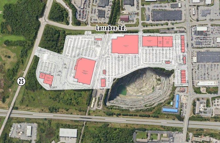 The site plan for a proposed shopping center near the intersection of Larrabee Road and Main Street in Westbrook. Jeffrey Gove says he plans to build 500,000 square feet of retail space on property that is now a gravel pit operated by Pike Industries. 