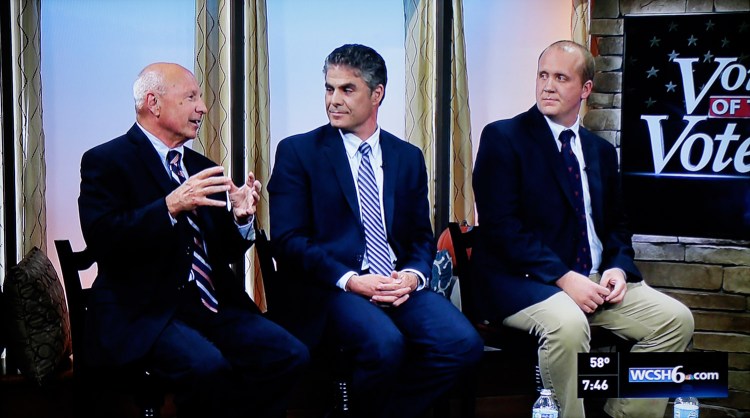 The candidates for mayor of Portland, left to right, Mayor Michael Brennan, Ethan Strimling and Thomas MacMillan, debate at WCSH-TV in Portland on Tuesday night. It was the fifth in a series of debates and forums leading up to the Nov. 3 election.