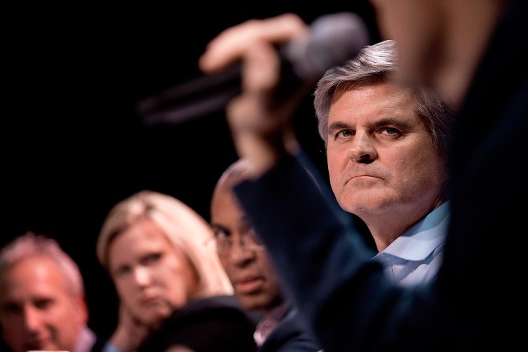 Steve Case, founder of AOL, listens to Maine entrepreneurs pitch their businesses as part of his Rise of the Rest tour at Port City Music Hall on Friday. Case runs the tour, which has visited 14 cities throughout the country and is aimed at finding small local businesses to invest in. The winner, Rapport, earned a $100,000 investment from Case.
Gabe Souza/Staff Photographer