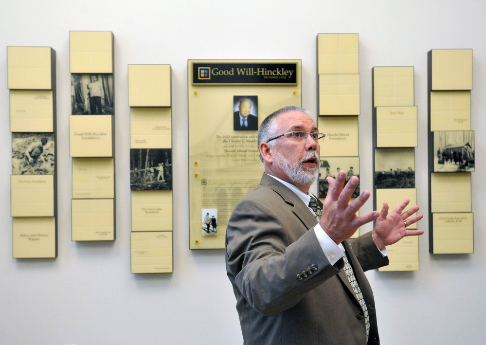 Rob Moody, interim president of Good Will-Hinckley, speaks on Wednesday in the new lobby of the former Moody School at the Good Will-Hinckley campus in Hinckley. The building recently underwent a $7 million renovation and expansion.