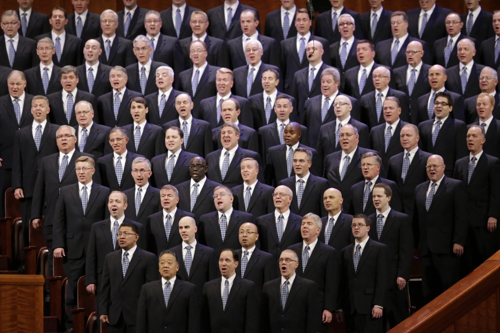 The Mormon Tabernacle Choir sings during a 2014 Mormon conference in Salt Lake City. At this weekend’s gathering, up to three Mormon leaders could be named to fill governing body vacancies.
