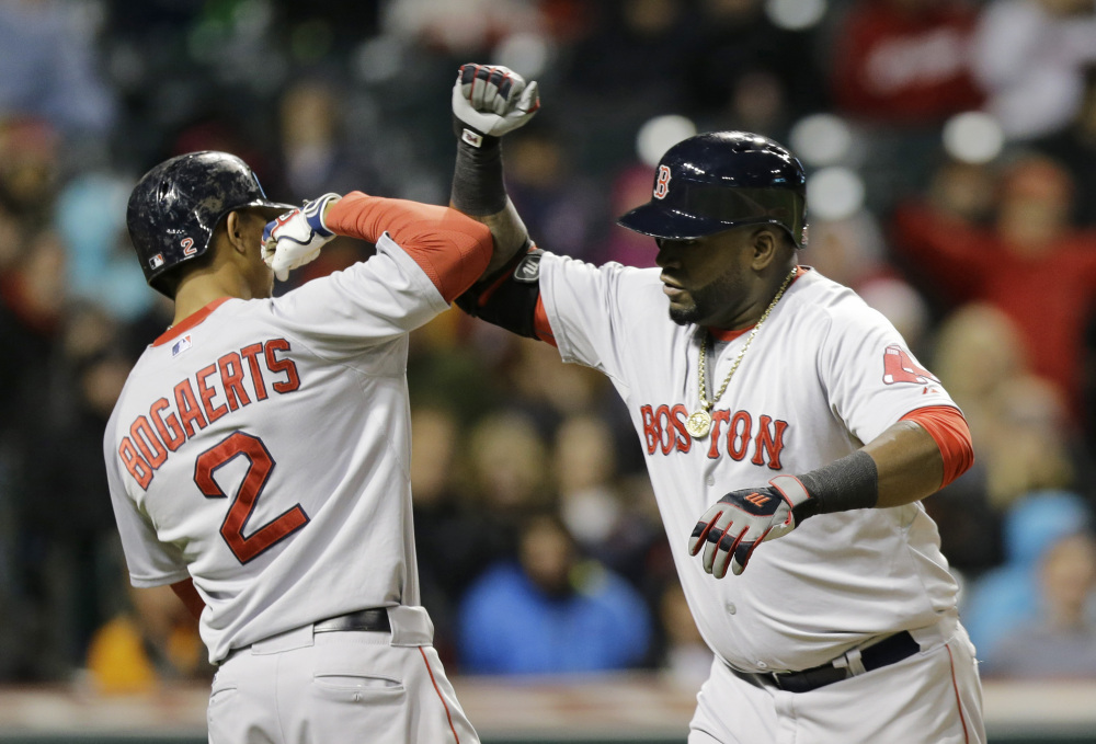 David Ortiz is congratulated by Xander Bogaerts after hitting a two-run home run in the fourth inning. Bogaerts scored on the home run, which was Ortiz’s 37th of the season. They were Boston’s only runs of the game.