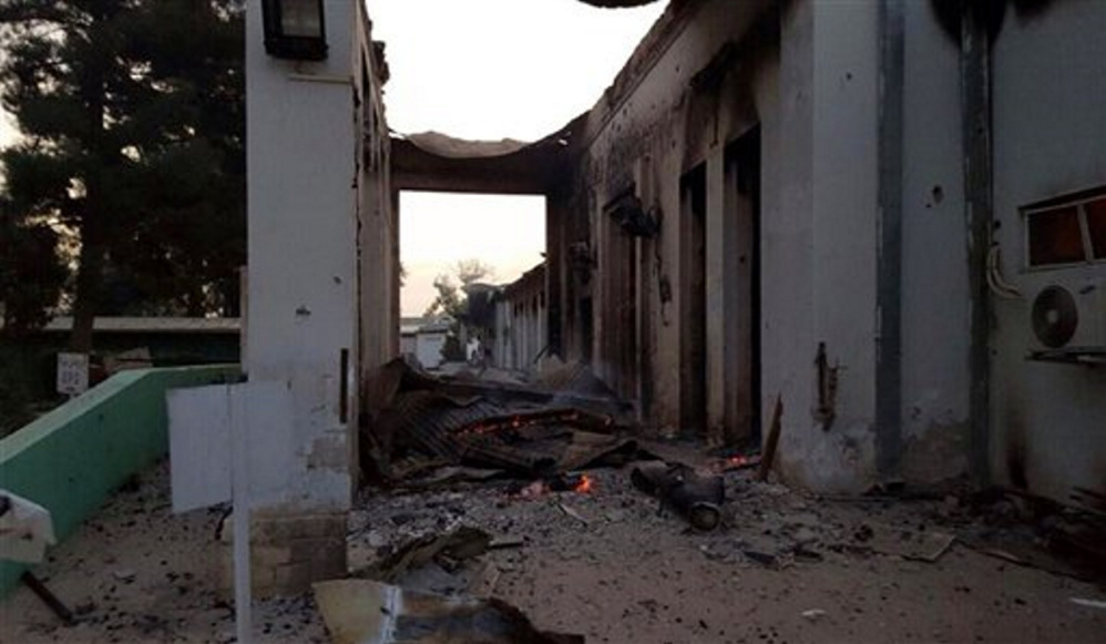 The burned Doctors Without Borders hospital is seen after an explosion in the northern Afghan city of Kunduz on Saturday.