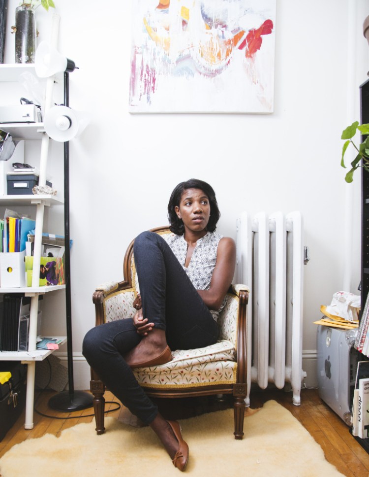 A native of France born to Haitian parents, 28-year-old Edwige Charlot of Portland calls the art that she creates – a mixture of printmaking, painting and drawing – her “visual Creole.”
Whitney Hayward/Staff Photographer