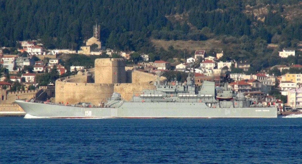 The Russian Navy ship Caesar Kunikov passes through the Dardanelles strait in Turkey en route to the Mediterranean Sea on Sunday. Turkey says Russia violated its airspace over the weekend.