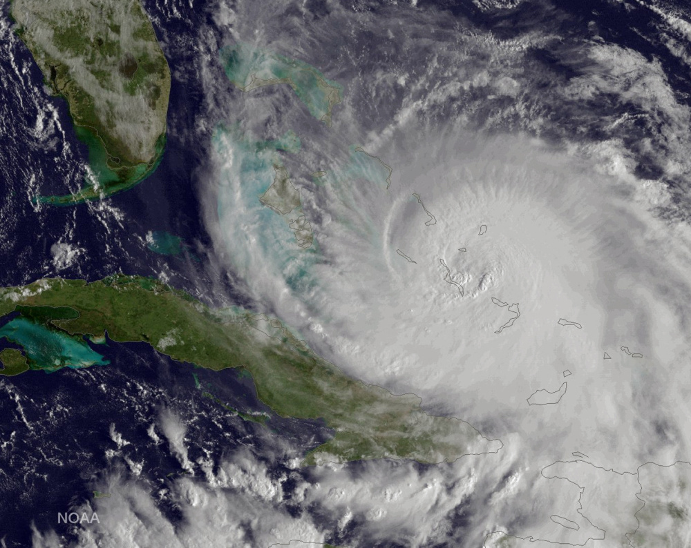 This satellite image taken at 8:45 a.m. Friday shows Hurricane Joaquin over the Bahamas.
NOAA via AP