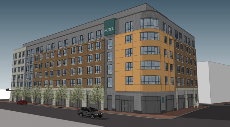 An application to Portland’s Planning Department includes this rendering of the hotel that the Portland Norwich Group is proposing at Fore, Hancock and Thames Streets.