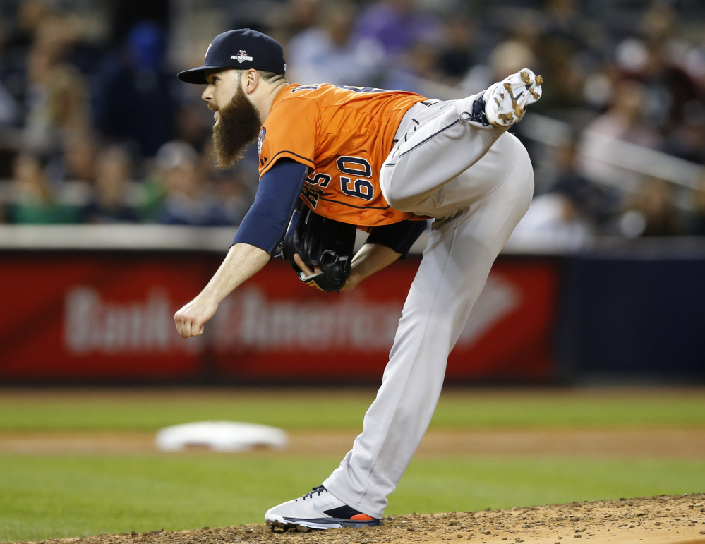 Houston Astros starting pitcher Dallas Keuchel pitches in the fifth inning. He gave up just three hits to the Yankees in six innings, striking out seven and walking one.