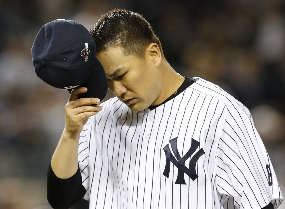 Yankees starter Masahiro Tanaka leaves the mound in the fifth inning of what turned out to be New York’s last game of the season.