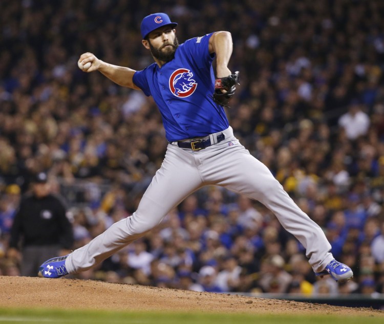 Cubs starting pitcher Jake Arrieta throws against the Pirates in the first inning of Tuesday night’s National League wild card game. Arrieta shut out the Pirates on just four hits as Chicago advanced to the NL Division Series.