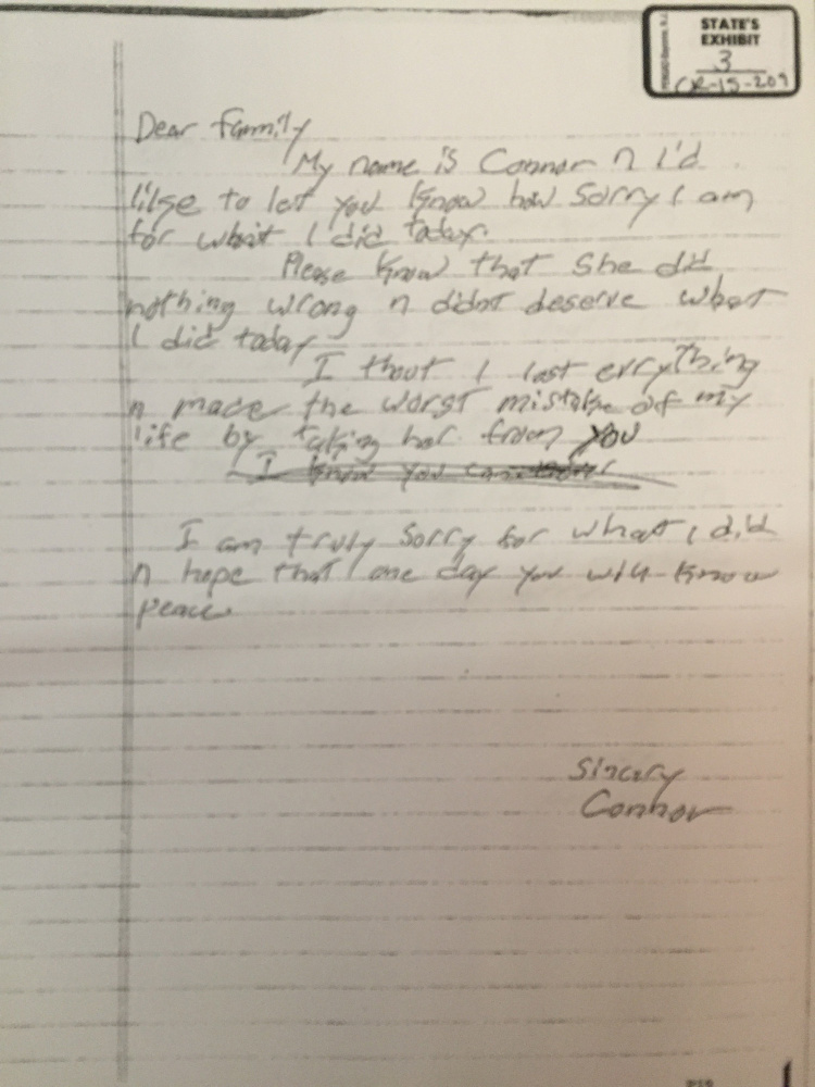 This is an apology letter written by Connor MacCalister to the family of Wendy Boudreau.