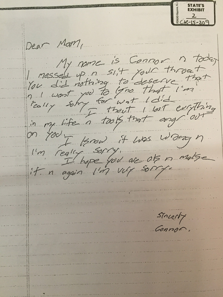 This apology letter from Connor MacCalister apparently is addressed to victim Wendy Boudreau.