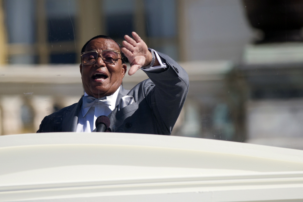 Nation of Islam leader Louis Farrakhan speaks during a rally to mark the 20th anniversary of the Million Man March on Saturday. The Associated Press