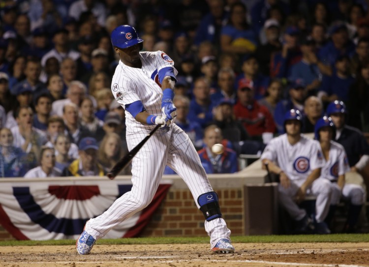 The Cubs’ Jorge Soler hits a home run in the sixth inning of Monday’s game in Chicago. Solder’s shot gave the Cubs what proved to be the winning run.