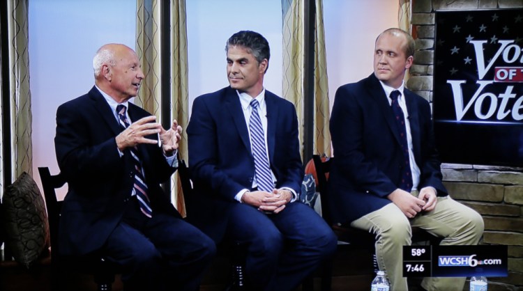 Candidates for mayor of Portland, from left to right, Michael Brennan, Ethan Strimling and Thomas MacMillan debate at WCSH6 in Portland.