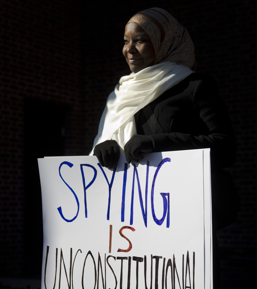 An activist demonstrates Jan. 13 outside the U.S. Courthouse in Philadelphia against heightened police scrutiny of Muslim groups.