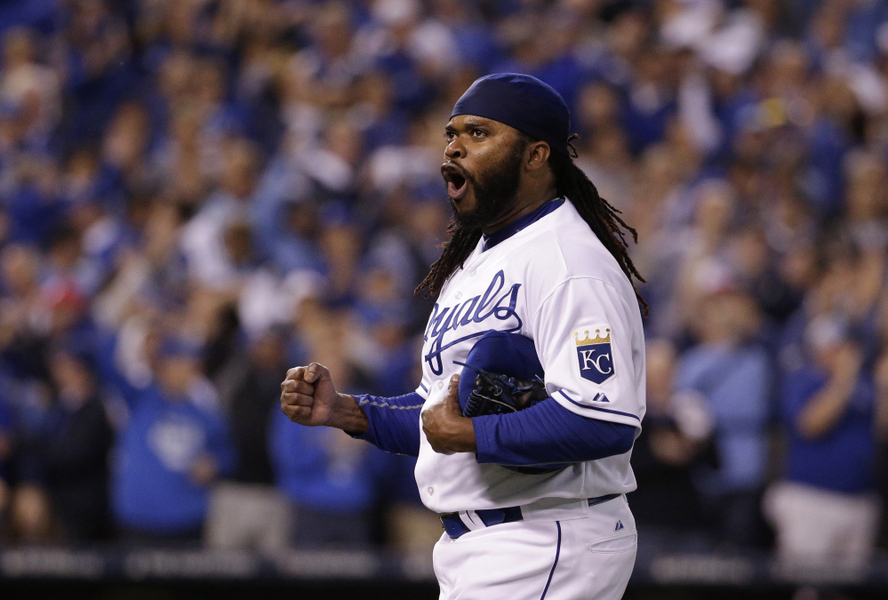 Royals starting pitcher Johnny Cueto is pumped up as he walks off the field after the eighth inning. Cueto allowed two runs on two hits in eight innings, retiring the last 19 Astros he faced.