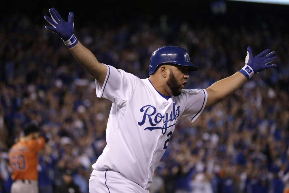 Kansas City’s Kendrys Morales celebrates his three-run home run in the eighth inning. The runs put the game – and the series – out of reach for Houston.