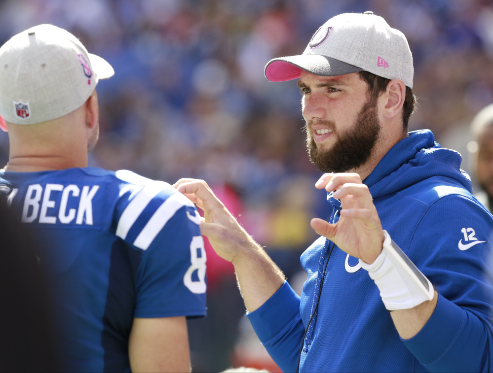 If Colts QB Andrew Luck is unable to play Sunday night against the Patriots, Matt Hasselbeck, left, will get the start. Hasselbeck has rallied the Colts to back-to-back wins against Jacksonville and Houston to put them in first place in the AFC South with a 3-2 record.