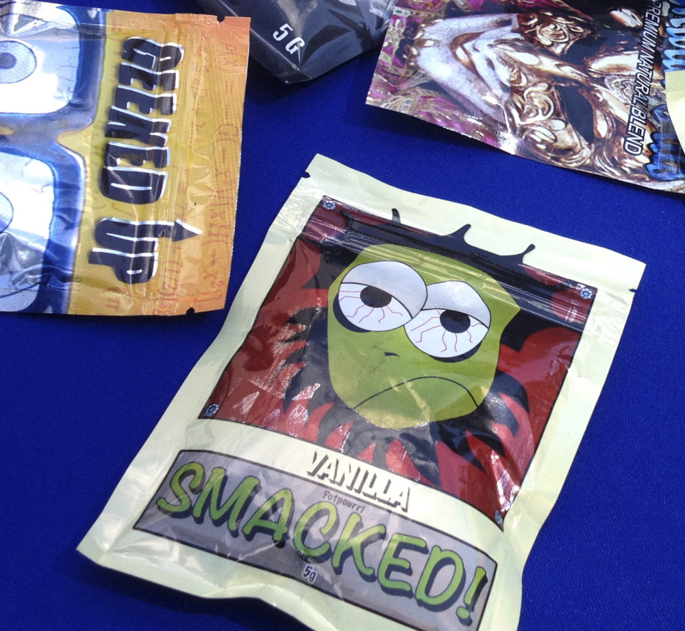 Synthetic marijuana often comes in colorful labels to attract young users.