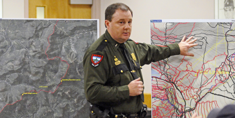 Lt. Kevin Adam of the Maine Warden Service talks at an Augsuta news conference on Friday about the recent discovery of skeletal remains believed to be those of missing hiker Geraldine Largay.