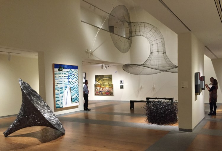 From left, “Hearsay” by John Bisbee, “Wake” by John Walker, “King of Nails” by Gideon Bok, “Reveille” by Anna Hepler, “Thicket” by John Bisbee and wall sculptures by Noriko Sakanishi.