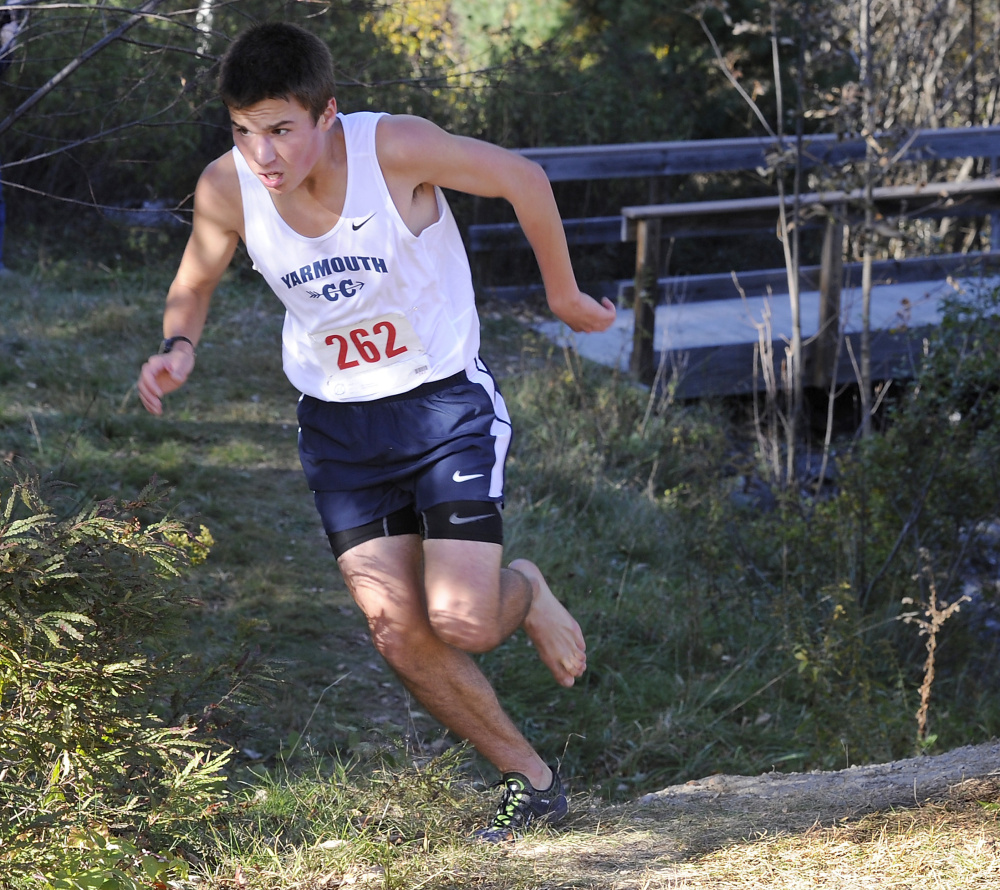 One missing shoe while emerging from the woods wasn’t enough to stop Luke Laverdiere of Yarmouth from winning the Western Maine Conference cross country championship Friday in 16 minutes, 35 seconds.