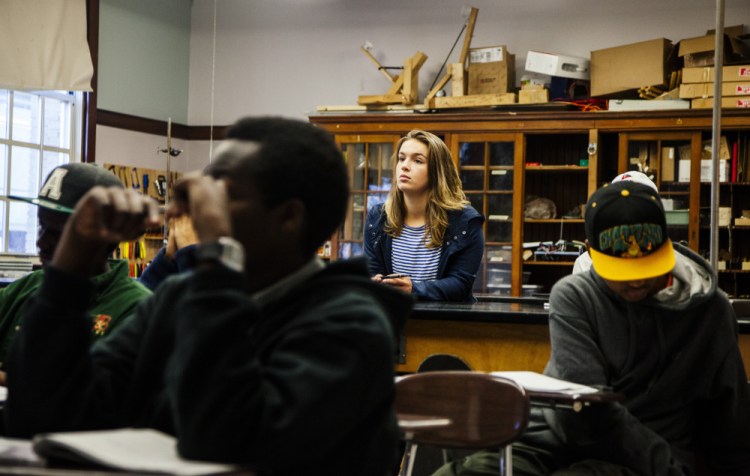 Portland High School student Emily Couture listens in her engineering class, which can be taken for college credit through a program with partnering school the Rochester Institute of Technology. Early college programs are a growing trend across the U.S.