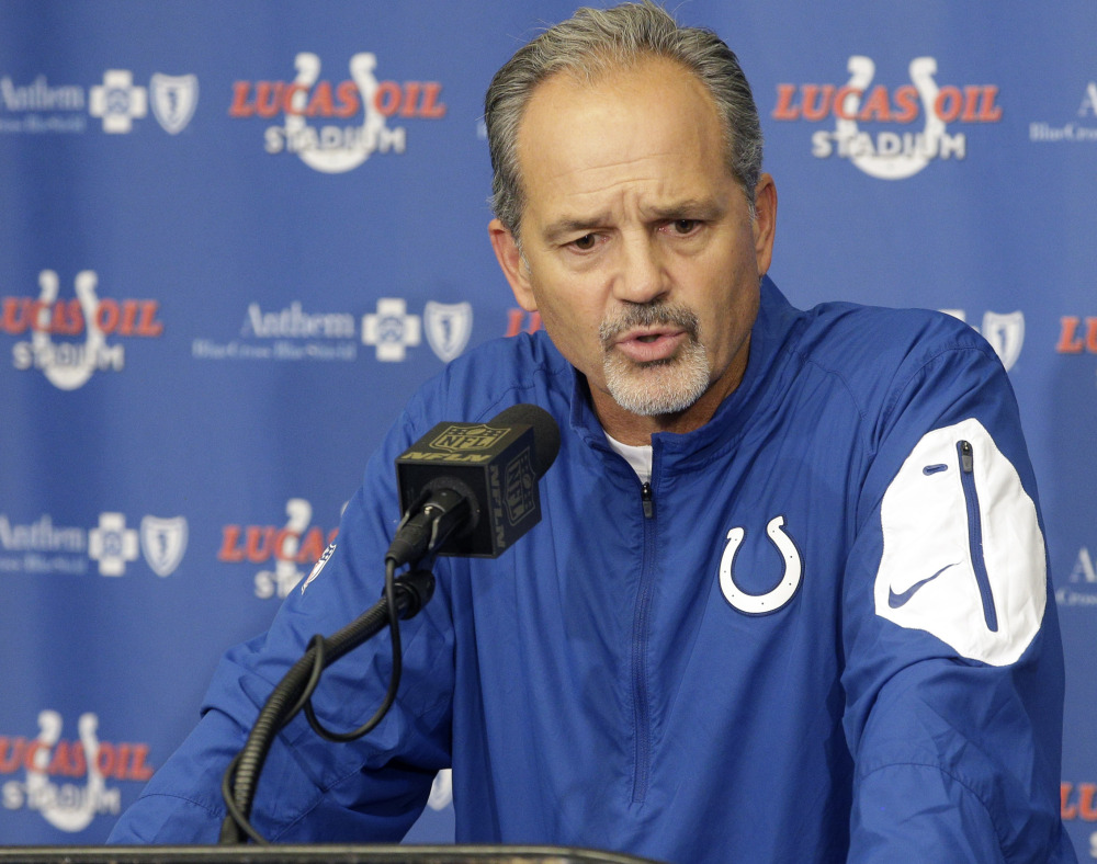 Colts coach Chuck Pagano, who faced questions about a botched trick play after Sunday night's loss to the Patriots, said, "I've got to be better. But I don't regret the play at all."
The Associated Press