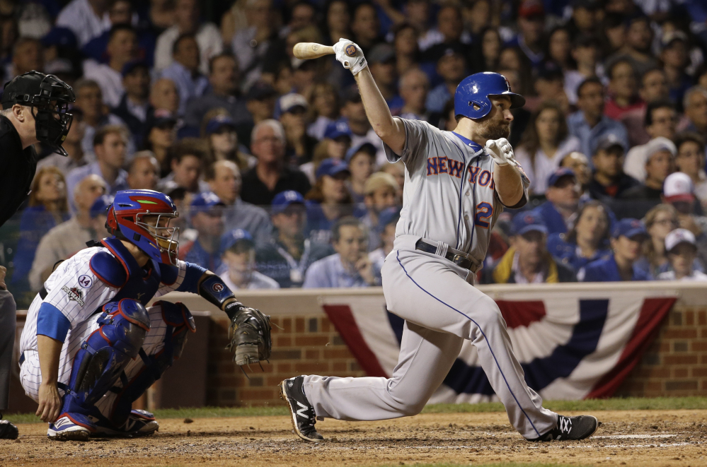 The Mets’ Daniel Murphy, hitting a double in the seventh inning of Game 4 on Wednesday night in Chicago, was unstoppable in the series against the Cubs. Murphy was named the series MVP after homering for a postseason-record sixth straight game.