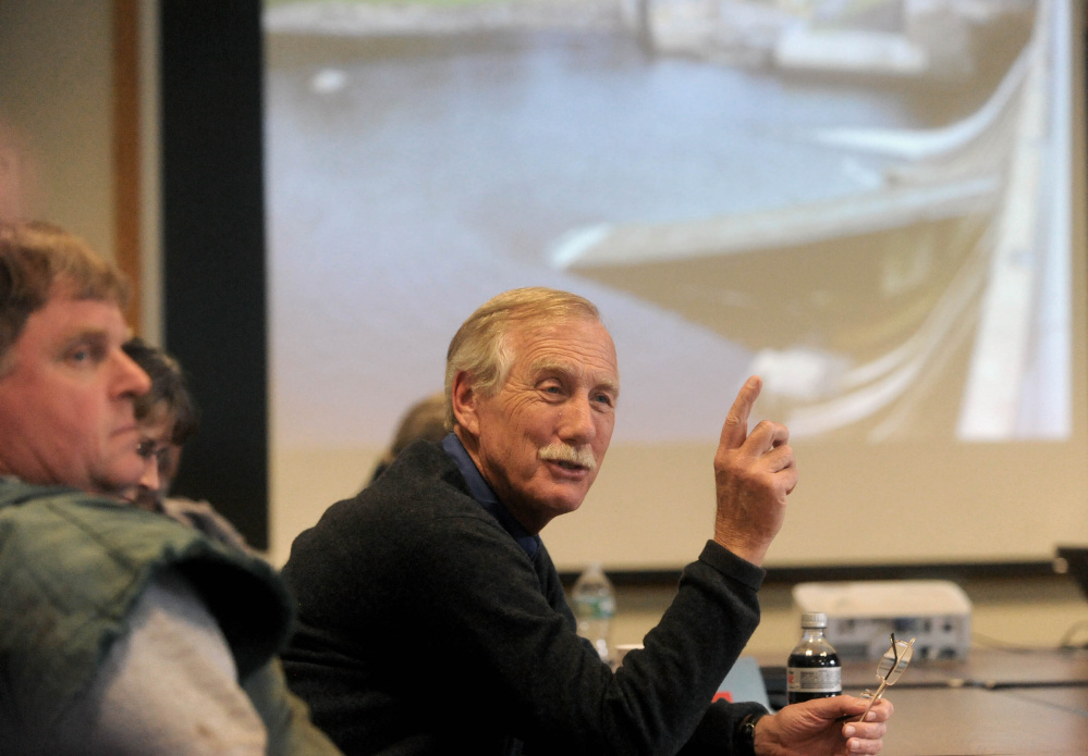 MADISON - MAINE 10-02-2015 
 U.S. Senator Angus King, answers questions during a visit to Madison Paper Industries Friday afternoon, Oct. 2, 2015. King's visit comes as officials at the mill expect a decision later this month on whether the U.S. government will place subsidies on paper imports from Nova Scotia, thus leveling the playing field for U.S. producers like Madison. (Staff photo by Michael G. Seamans)