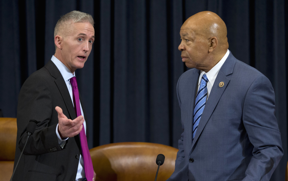 House Benghazi Committee Chairman Rep. Trey Gowdy, R-S.C., left, talks with the committee’s ranking Democratic member, Rep. Elijah Cummings, D-Md., on Thursday.