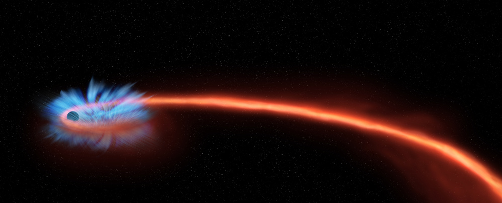 Astronomers have observed material being blown away from a black hole after it tore a star apart. This event, known as a “tidal disruption,” is depicted in the artist’s illustration.