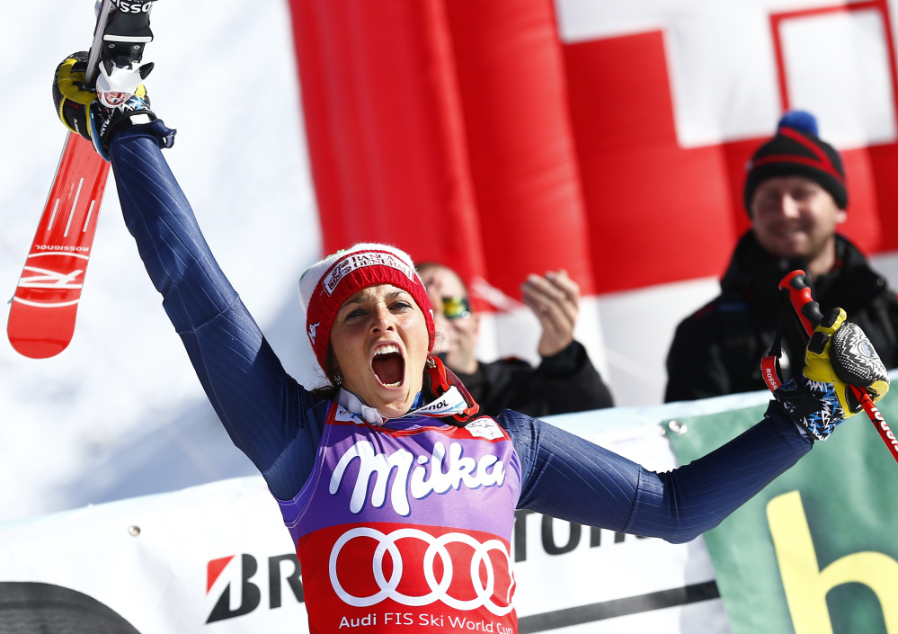 Italy’s Federica Brignone celebrates her victory in a World Cup women’s giant slalom race in Soelden, Austria, on Saturday.