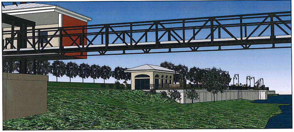 An artist’s rendering shows what a proposed boardwalk along the Kennebec River could look like at Head of Falls park in Waterville, looking north past the Two-Cent Bridge.