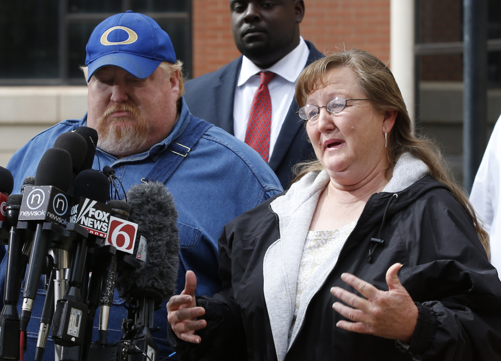 Lynda Branstetter, the aunt of Adacia Chambers, talks with the media outside the courthouse in Stillwater, Okla., on Monday. At left is Floyd Chambers, Adacia’s father.