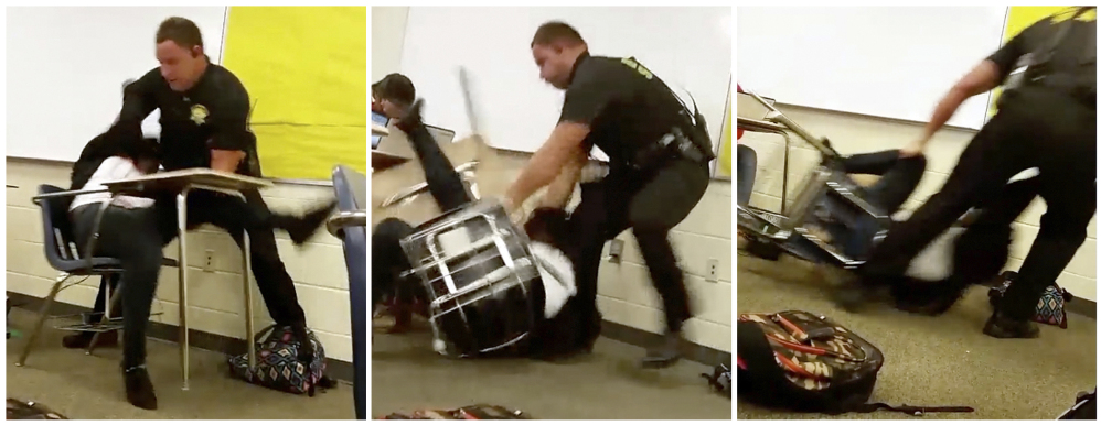 These images from video taken by a Spring Valley High School student on Monday show Senior Deputy Ben Fields trying to forcibly remove a student from her chair after she refused to leave her high school math class, in Columbia S.C.